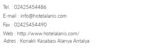Alanis Hotel telefon numaralar, faks, e-mail, posta adresi ve iletiim bilgileri